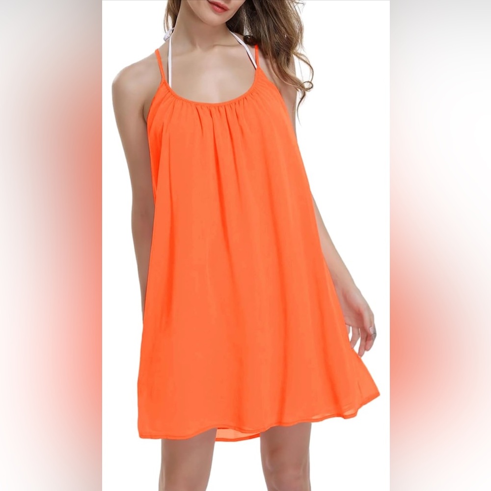 ReachMe Neon Orange Sheer Lined Mesh Back Swing Beach Dress ~ Size Small ~ NWOT - Picture 9 of 10